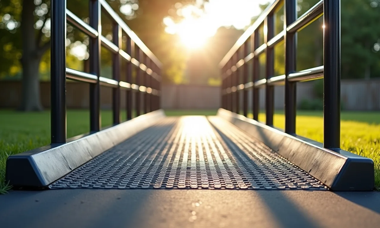 Piso emborrachado antiderrapante em rampa de acessibilidade.