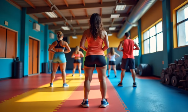 Piso emborrachado colorido em academia moderna com pessoas treinando.