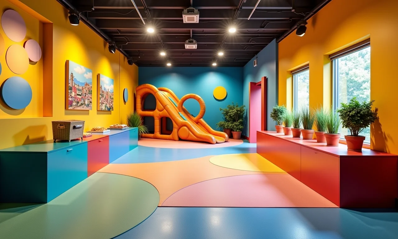 Piso emborrachado em buffet, segurança e conforto acústico.