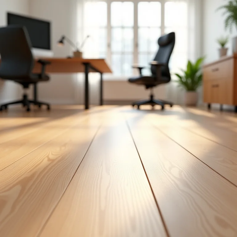Piso laminado com textura de madeira em um home office.