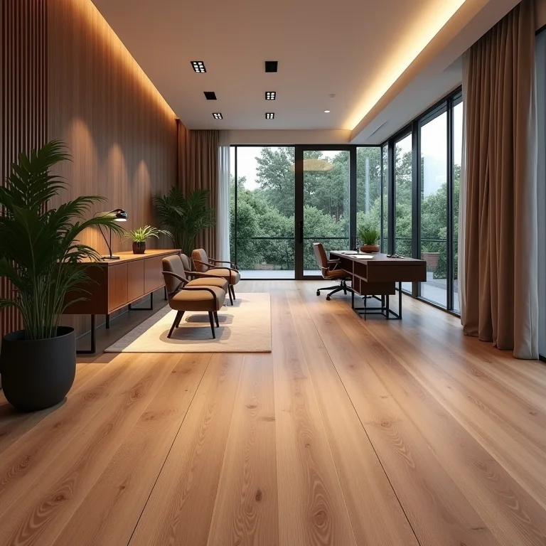 Piso laminado em um home office luxuoso, mostrando elegância e durabilidade.