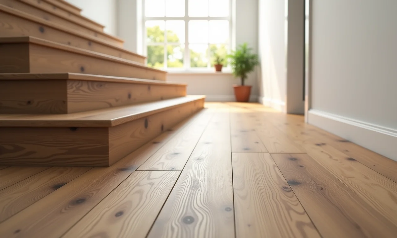 Piso vinílico Durafloor em escada, com textura que imita madeira natural e iluminação natural.