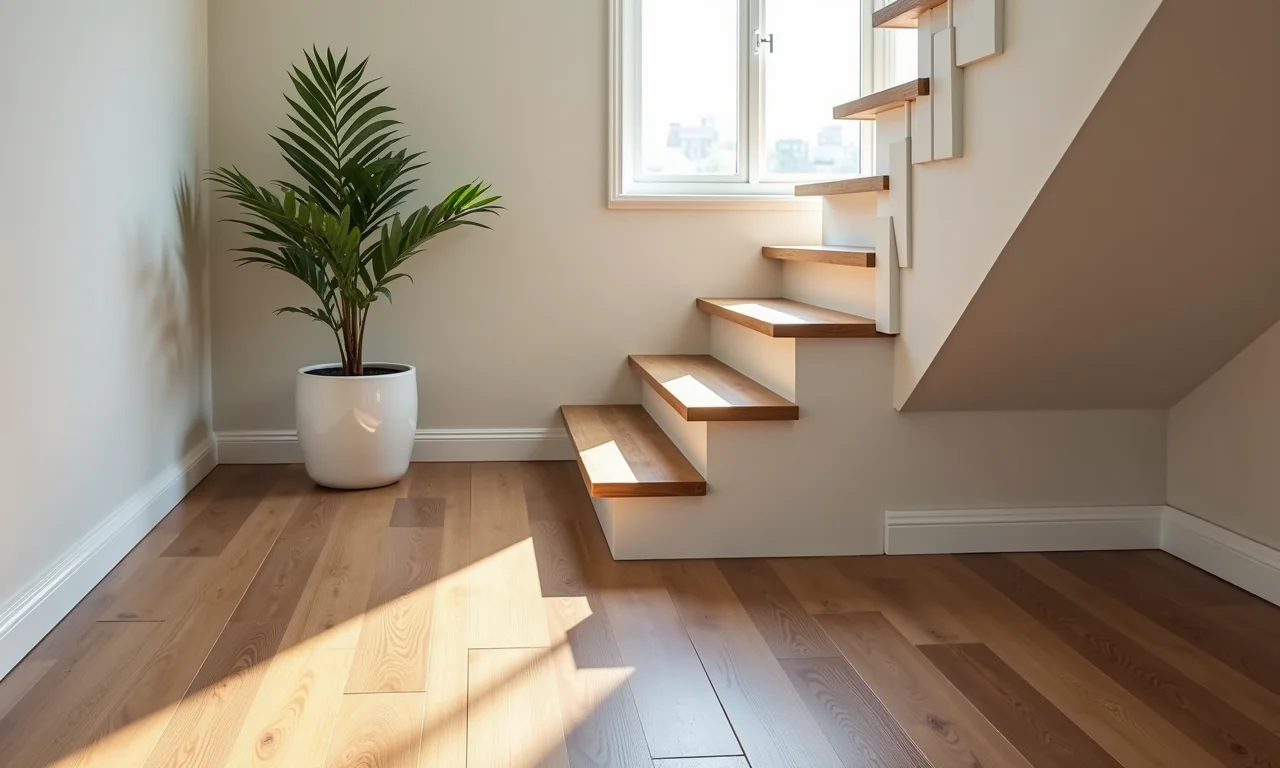 Piso vinílico durável e resistente em escada, com design moderno e iluminação natural.