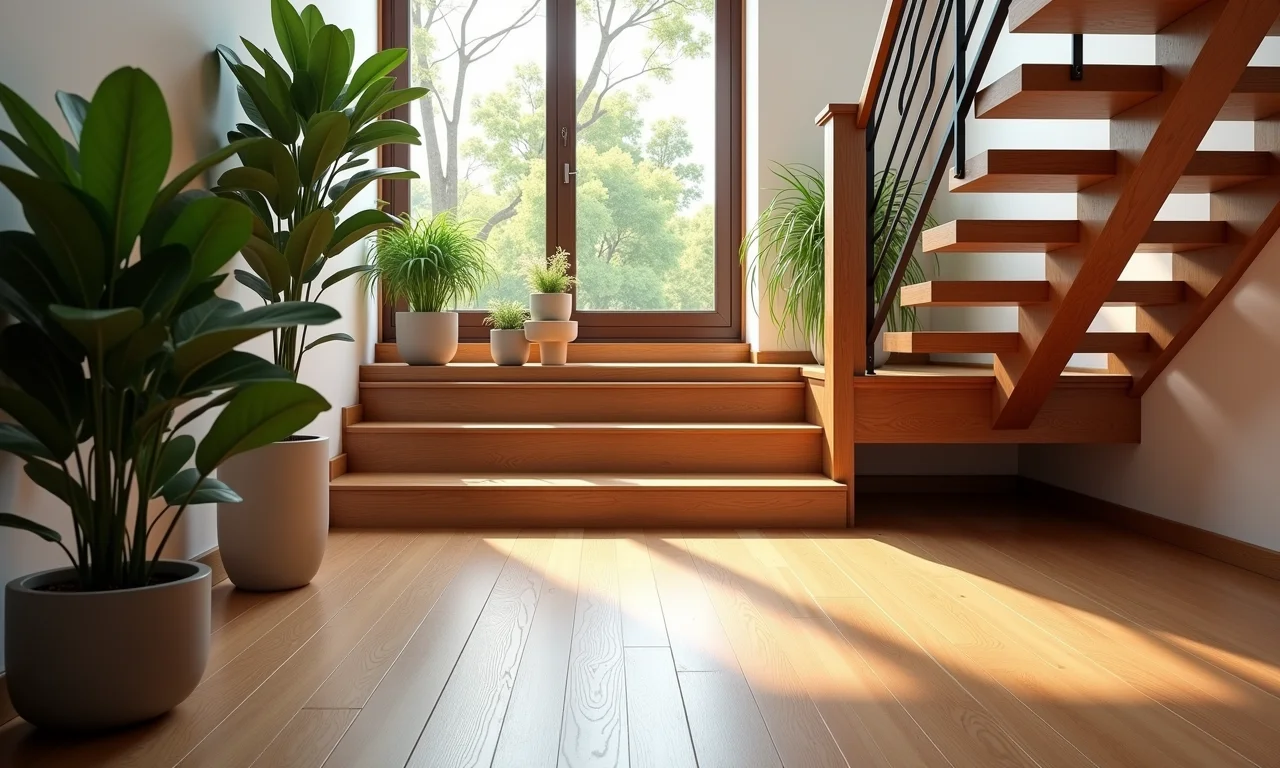 Piso vinílico em escada proporcionando conforto acústico, com plantas decorativas e luz natural.