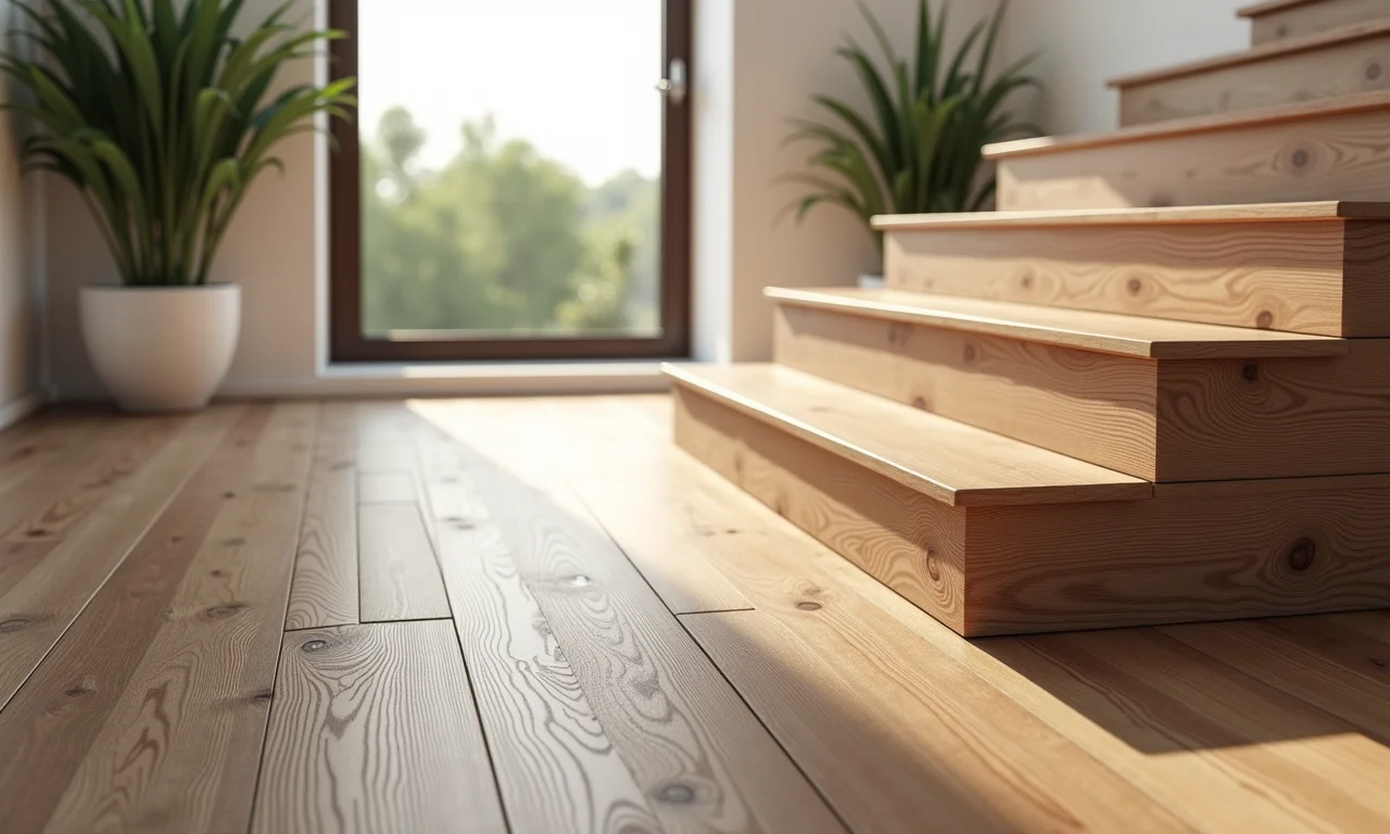 Piso vinílico em régua instalado em escada, com textura de madeira e decoração brasileira.