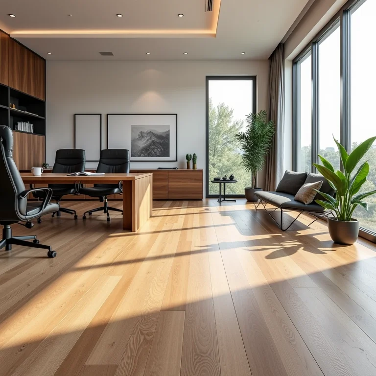 Piso vinílico em um home office, mostrando versatilidade e conforto.