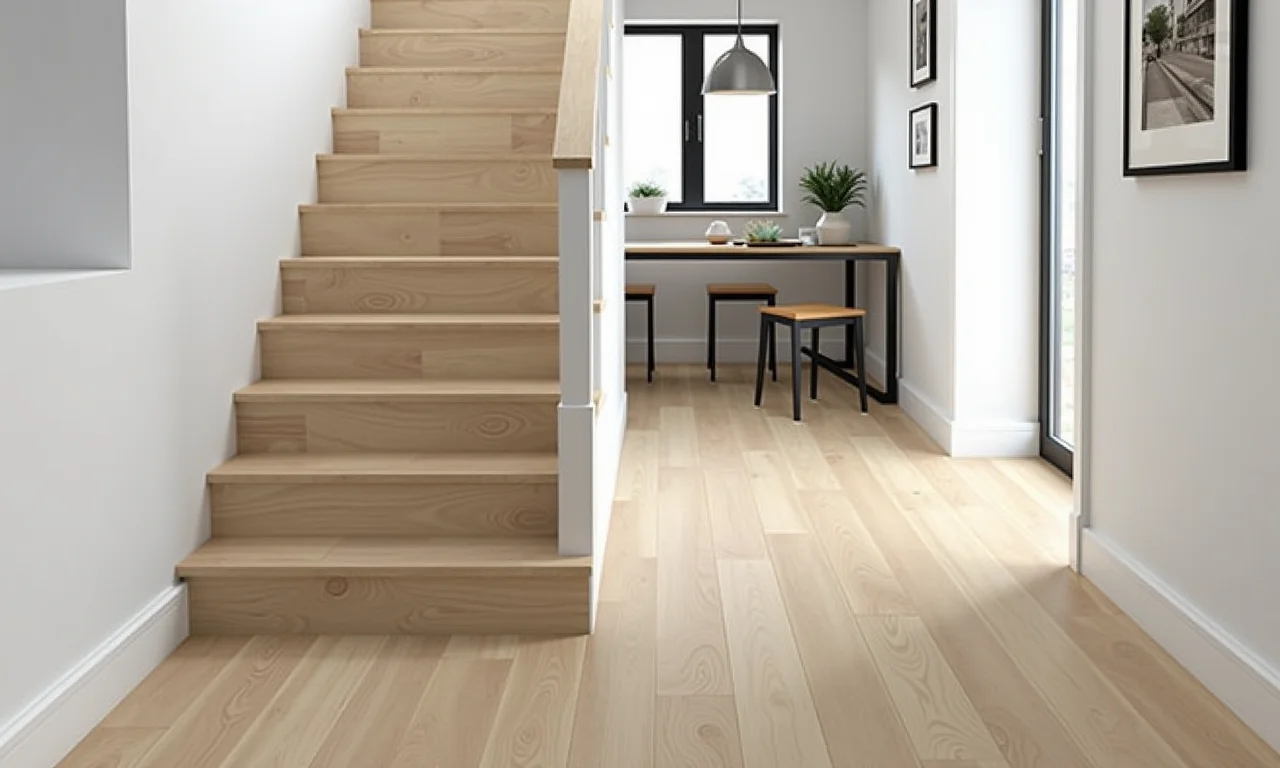 Piso vinílico Tarkett instalado em escada, com design moderno e cores neutras.