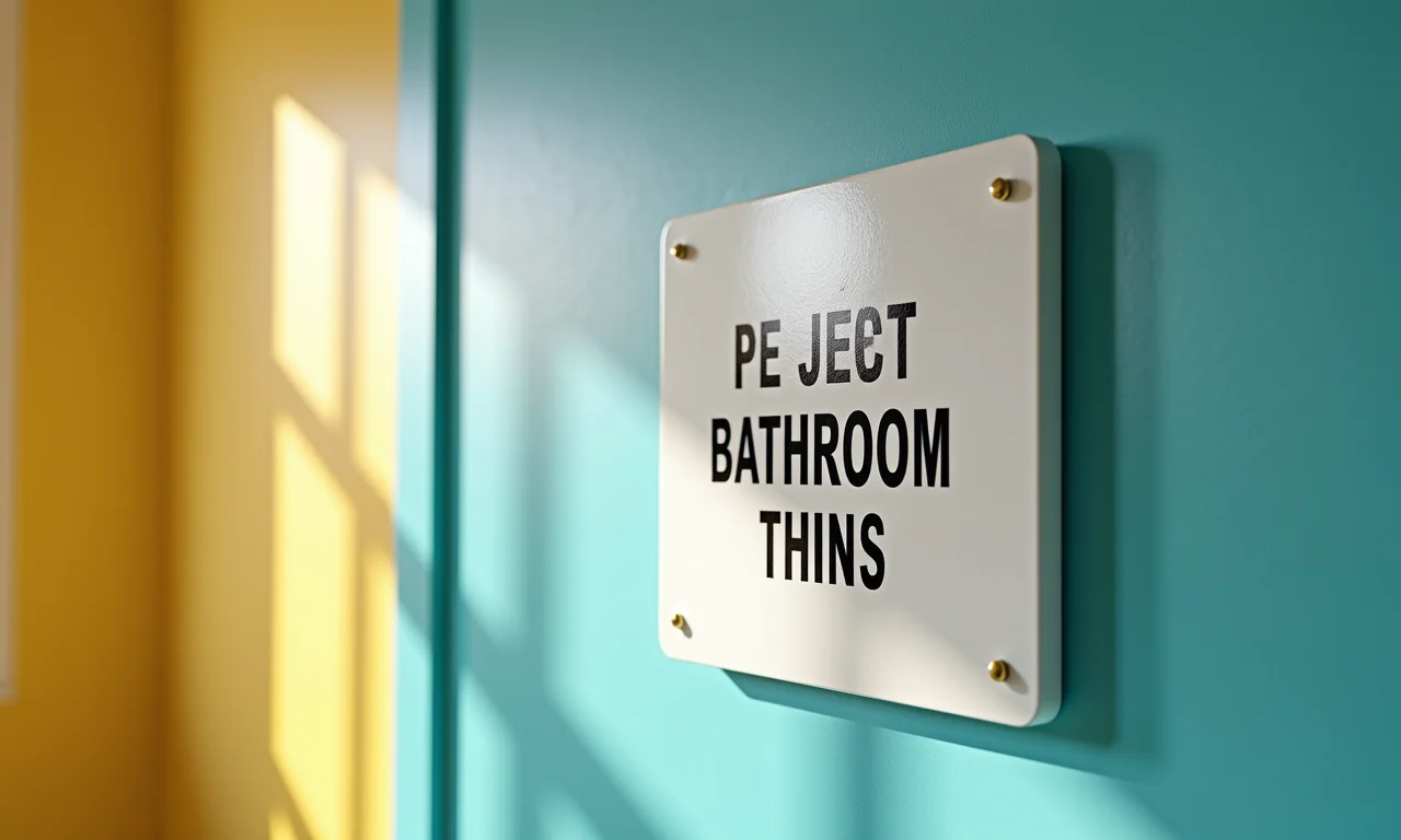 Placa de banheiro com frase criativa e divertida em parede colorida.