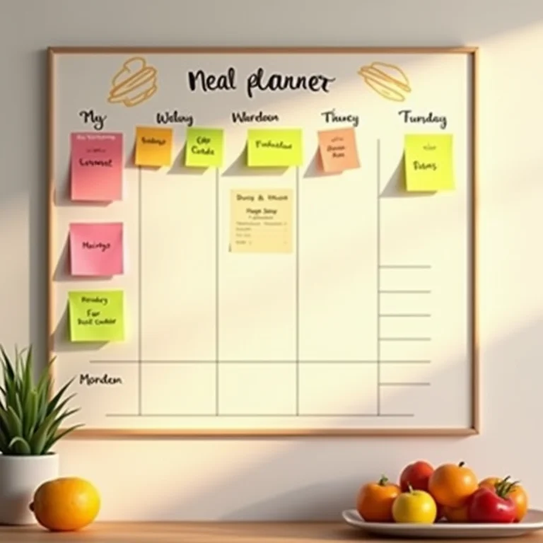 Planejador de refeições semanais em uma parede de cozinha.