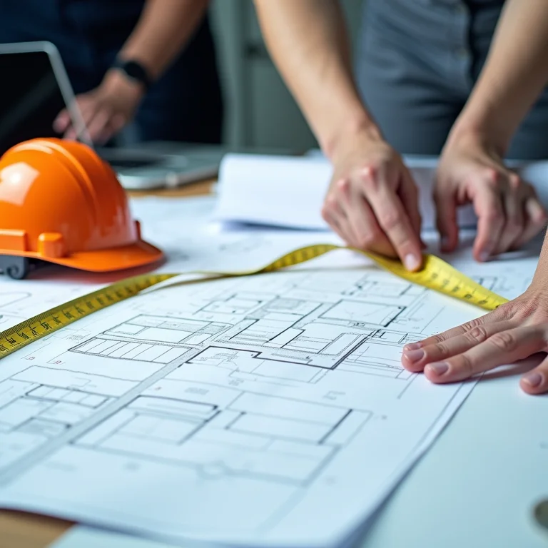 Planejamento da reforma escolar com plantas e arquitetos