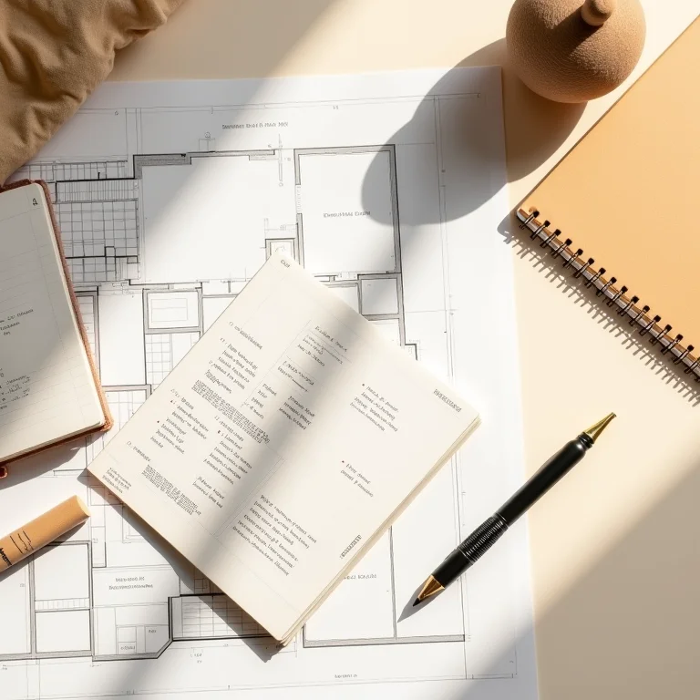 Planejamento de reforma de biblioteca com ferramentas de design.