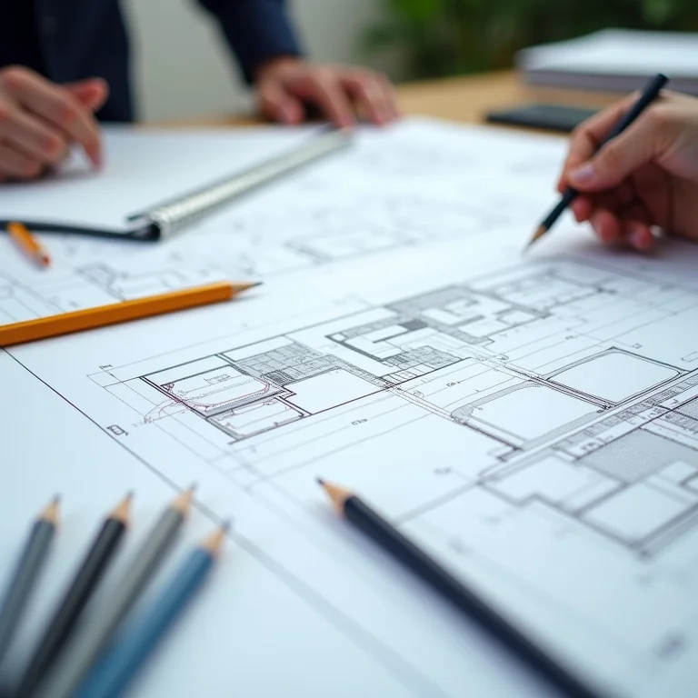 Planejamento detalhado da reforma escolar em plantas e projetos arquitetônicos.
