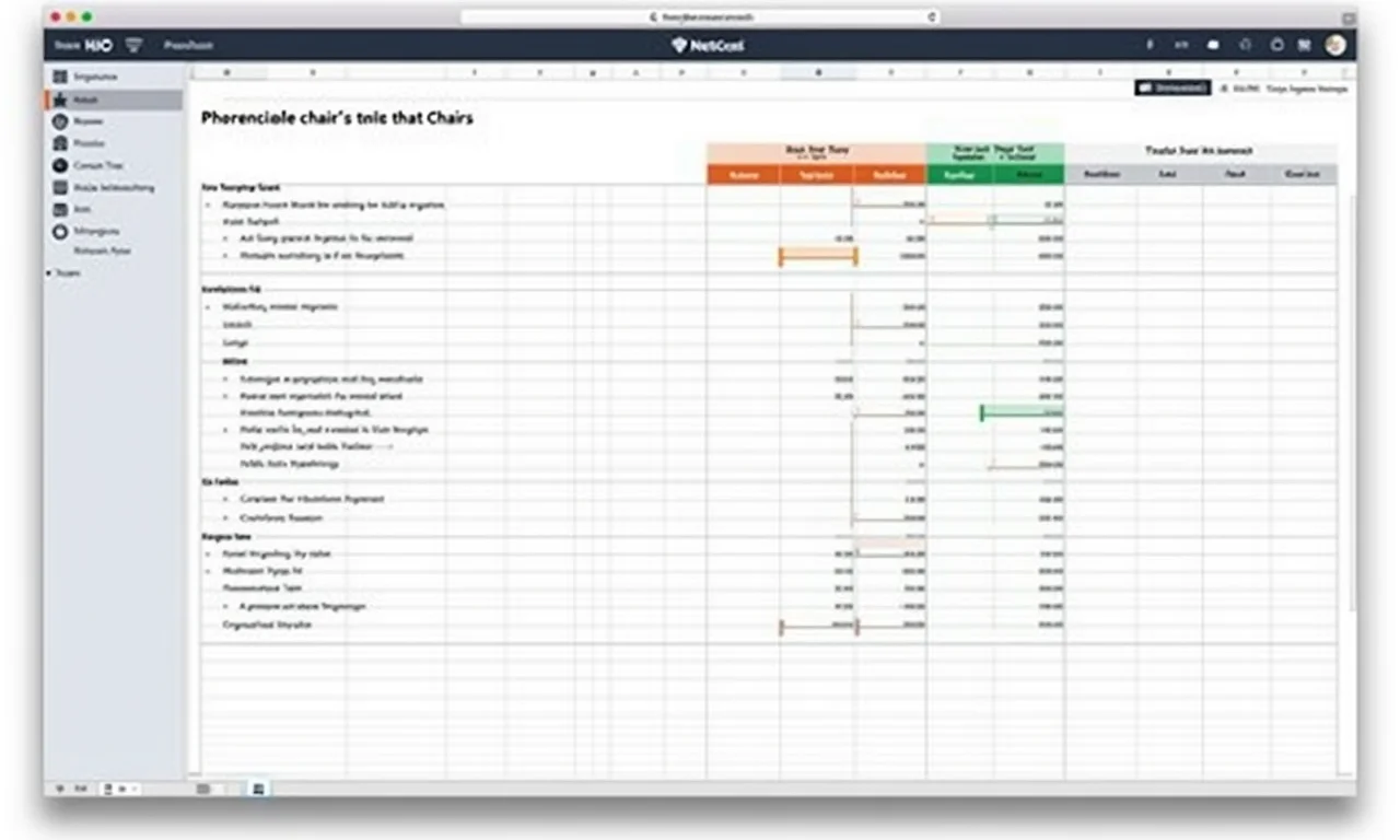 Planilha de orçamento com preços de cadeiras e comparação de recursos.