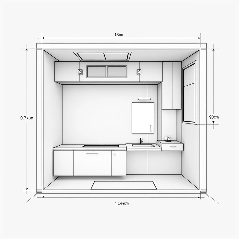Planta baixa de um banheiro com as medidas do gabinete de 90 cm