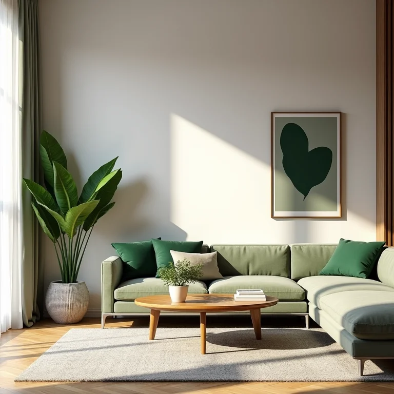 Planta verde vibrante em uma sala de estar com decoração clean.