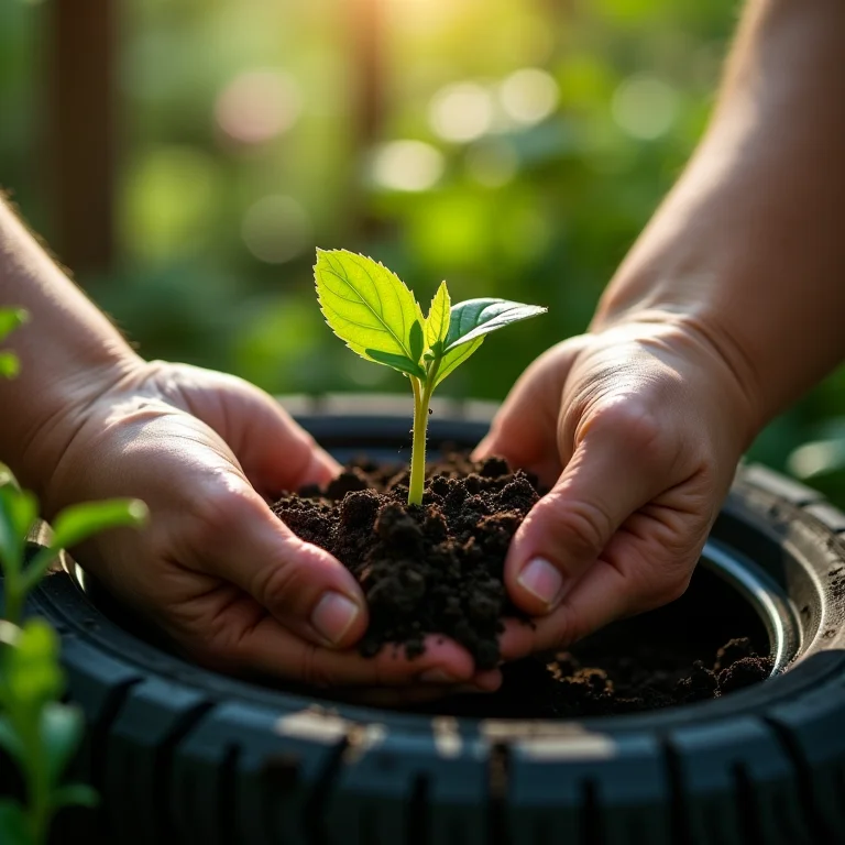 Plantando mudas em uma horta vertical feita de pneus.