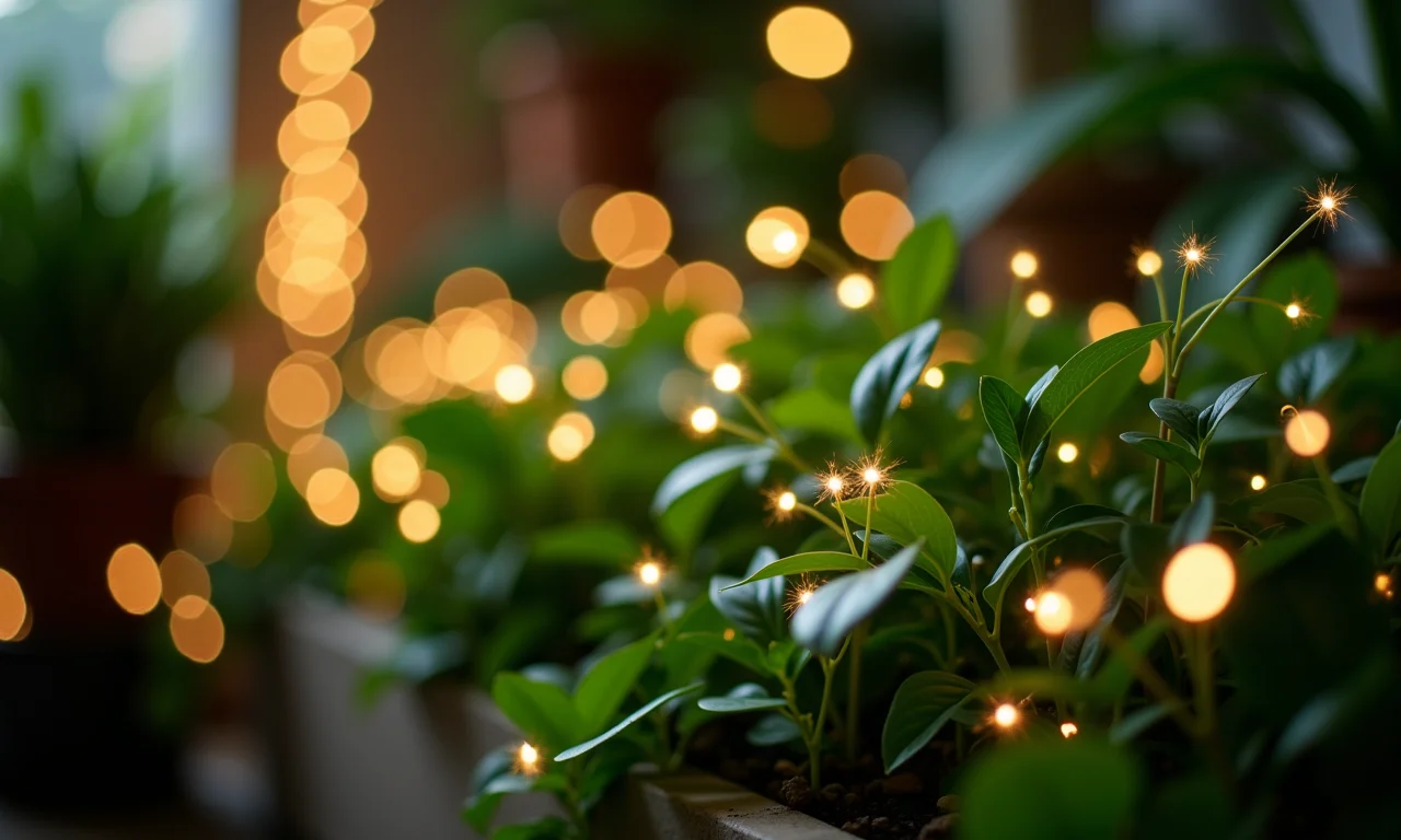 Plantas decoradas com luzes de fada em um quarto.
