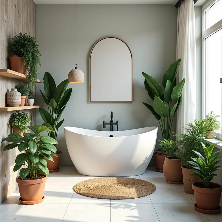 Plantas diversas em um banheiro boho chic.