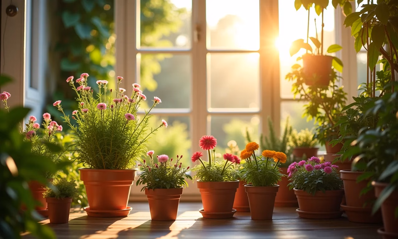 Plantas diversas recebendo o sol da manhã em uma varanda ensolarada.