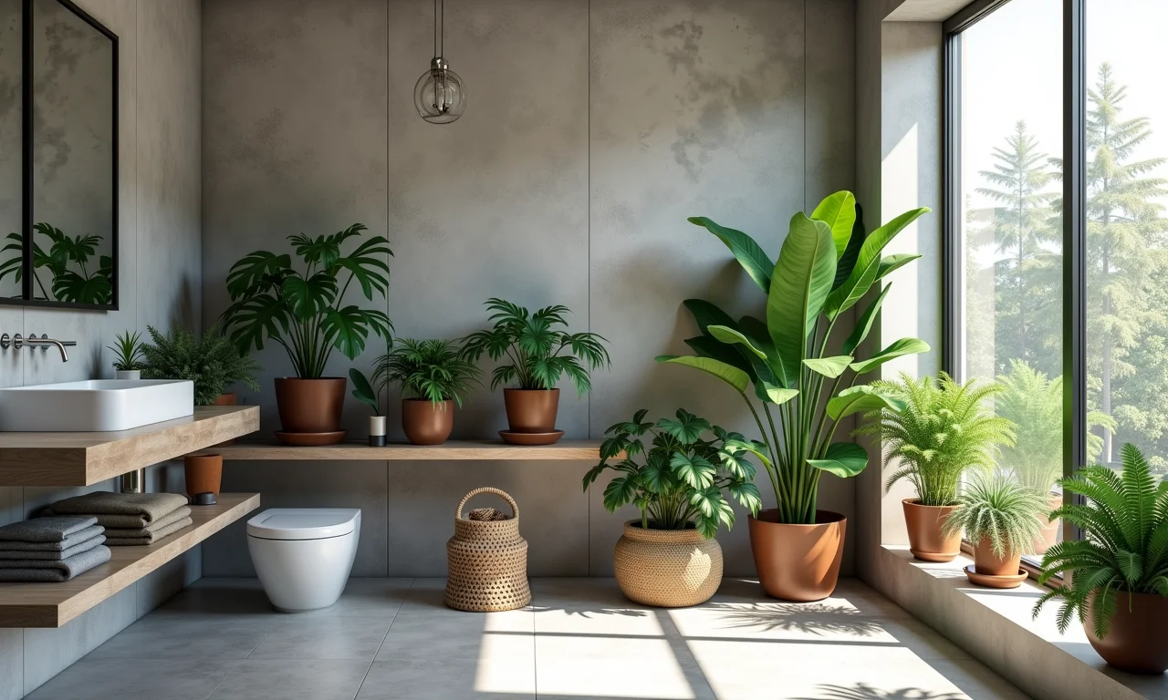 Plantas em banheiro com cimento queimado, trazendo vida e cor ao ambiente.