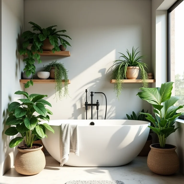 Plantas em diferentes níveis no banheiro boho chic