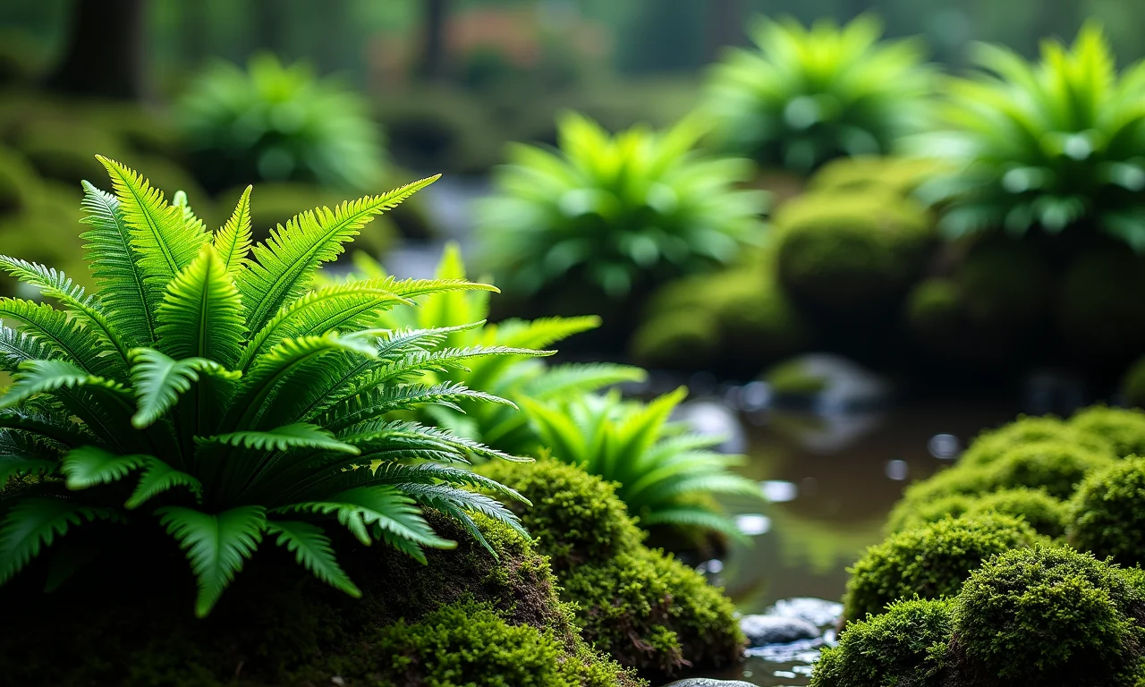 Plantas exuberantes de um jardim japonês, com samambaias verdes vibrantes e bordos.