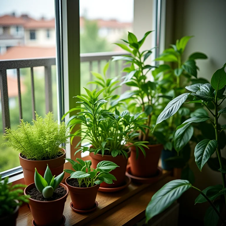 Plantas exuberantes em uma varanda de apartamento bem cuidada.