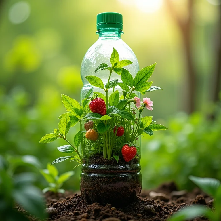 Plantas ideais crescendo em um jardim vertical de garrafa PET.