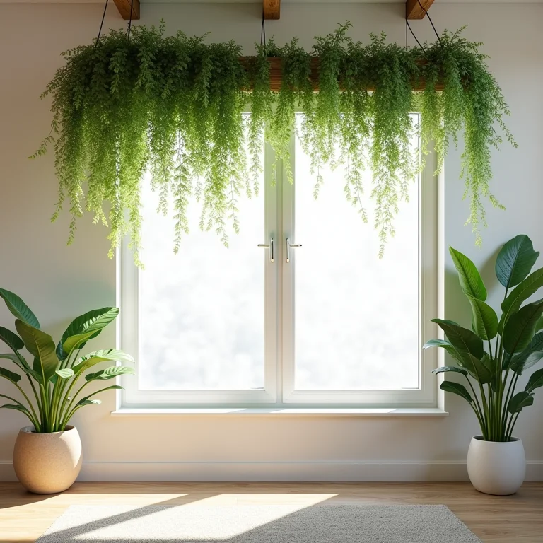Plantas pendentes decorando viga na sala.