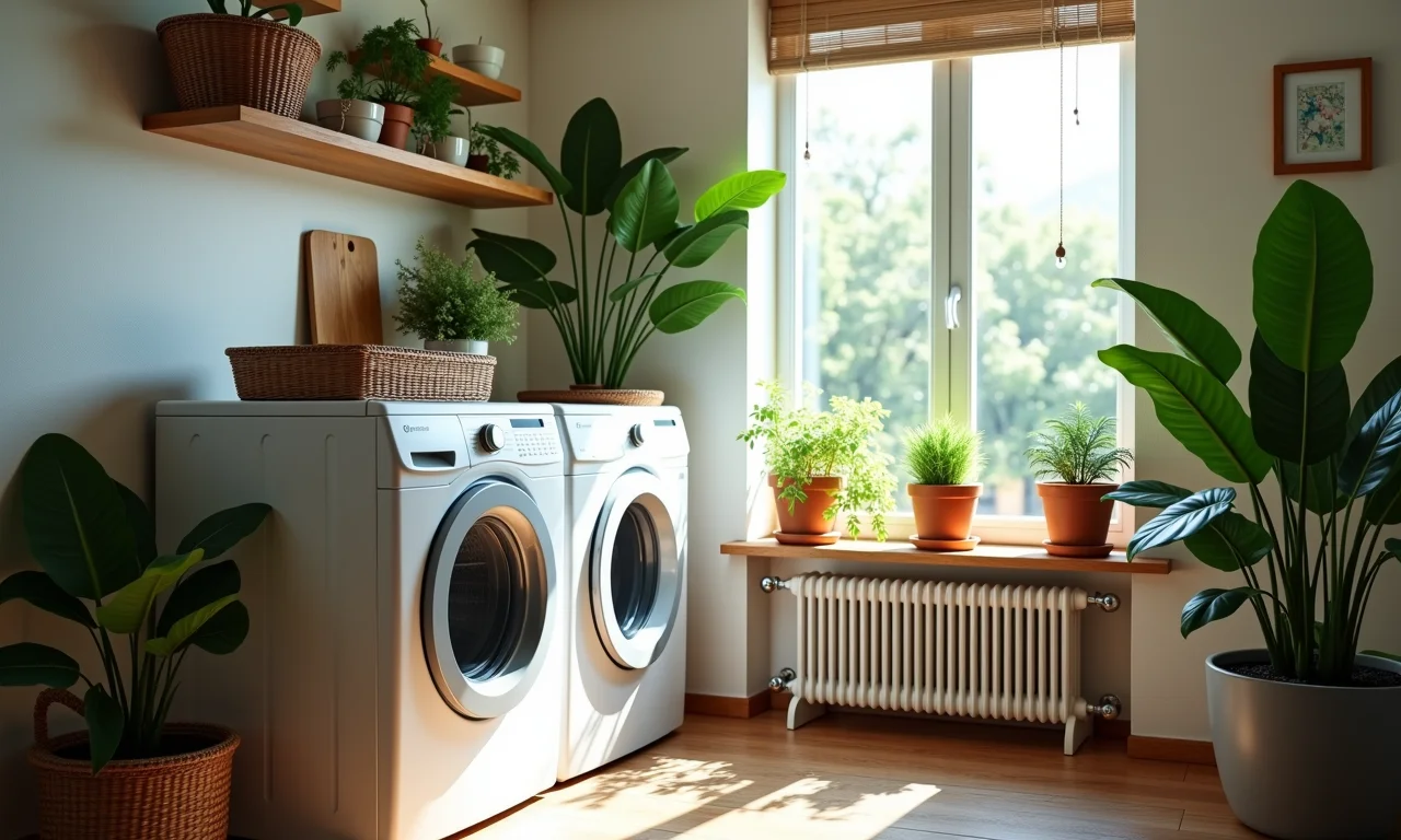 Plantas purificando o ar e decorando a lavanderia.