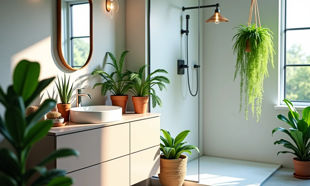 Plantas trazem vida e frescor para um banheiro moderno.