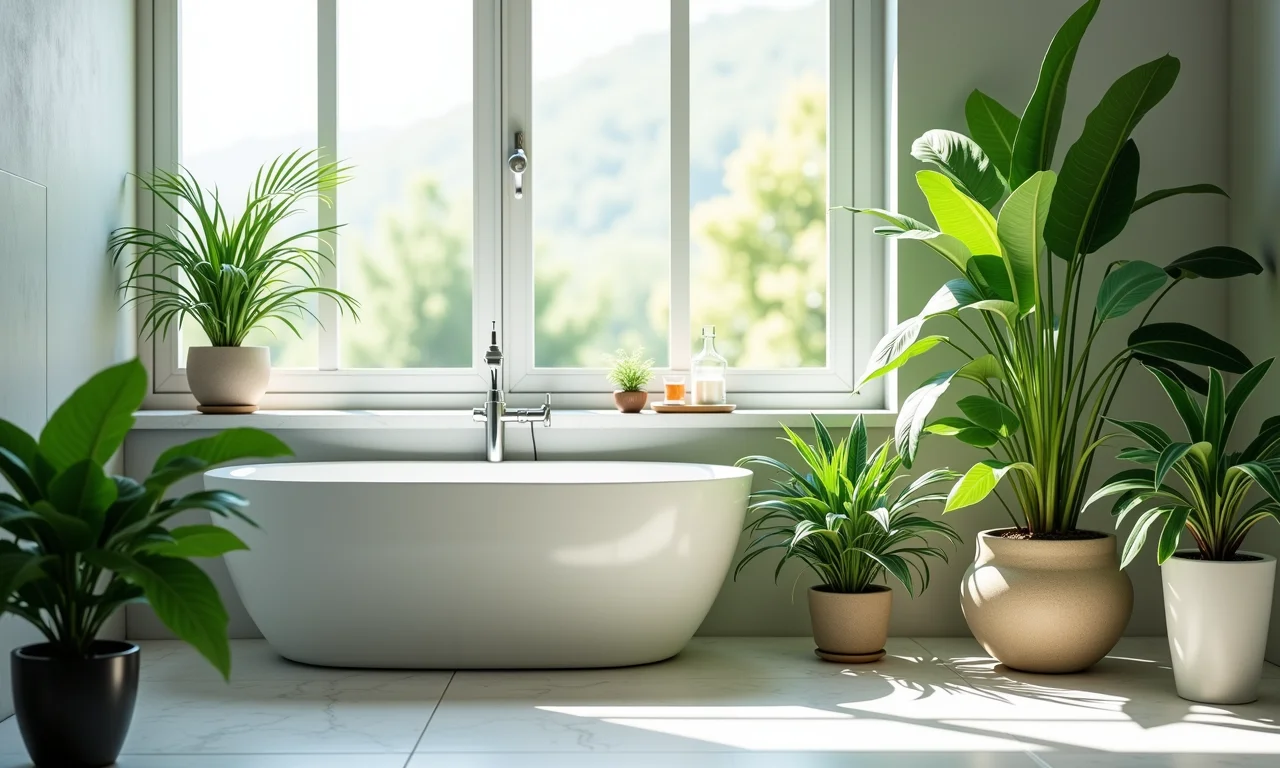 Plantas trazendo vida e frescor a banheiro com cimento queimado e madeira.