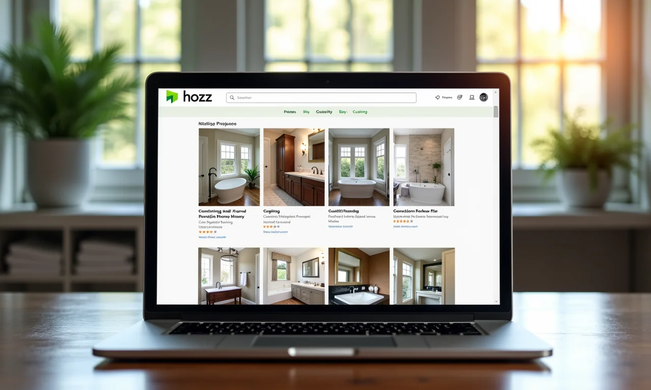 Plataforma Houzz exibida em um laptop com projetos de reforma de banheiro.