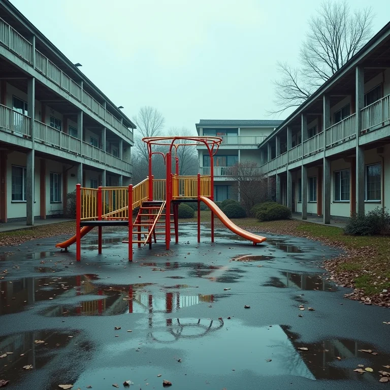 Playground escolar com equipamentos danificados e riscos de segurança.
