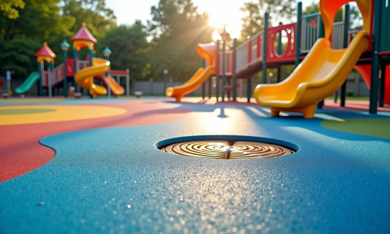 Playground seguro com piso de borracha e drenagem integrada.