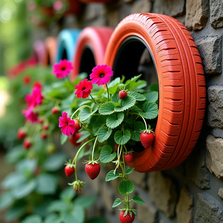 Pneus coloridos pendurados na parede como vasos para plantas.
