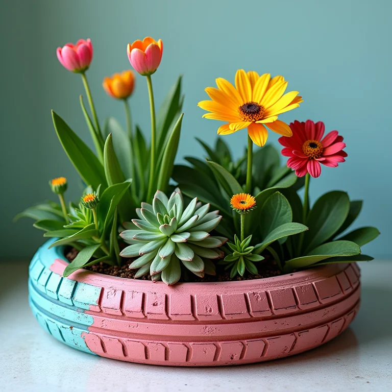 Pneus decorados e reutilizados como vasos de plantas.