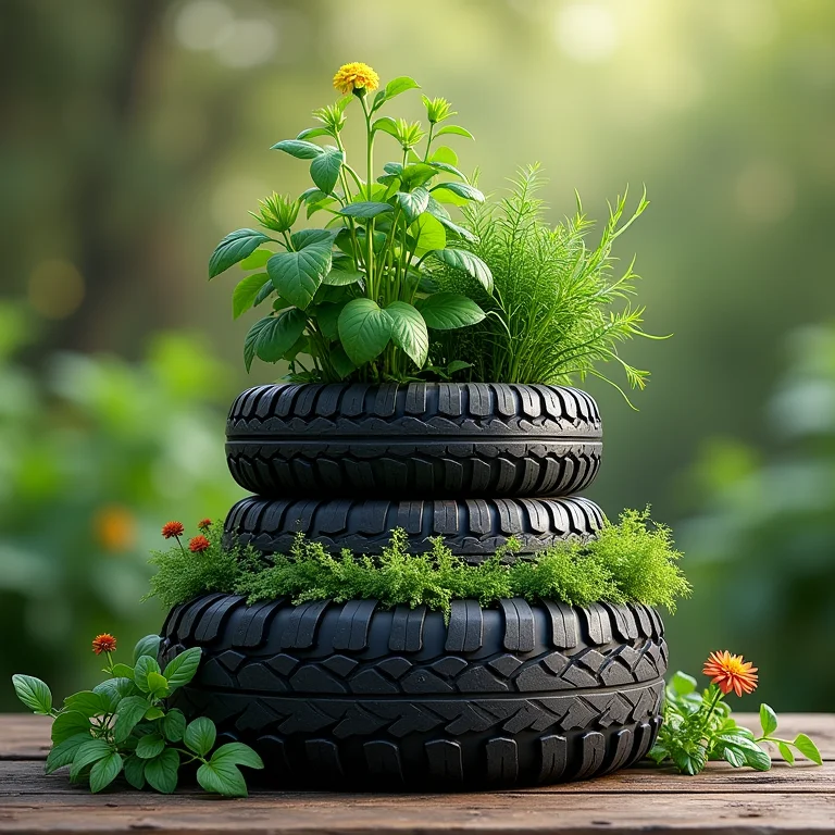 Pneus empilhados transformados em vasos criativos para plantas.