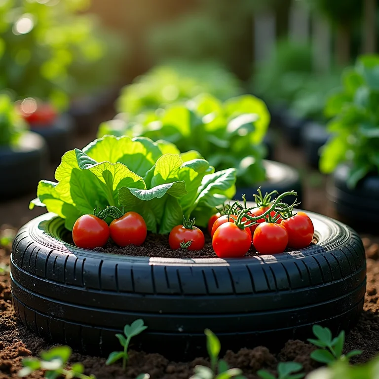 Pneus usados como canteiros elevados para o cultivo de vegetais orgânicos.