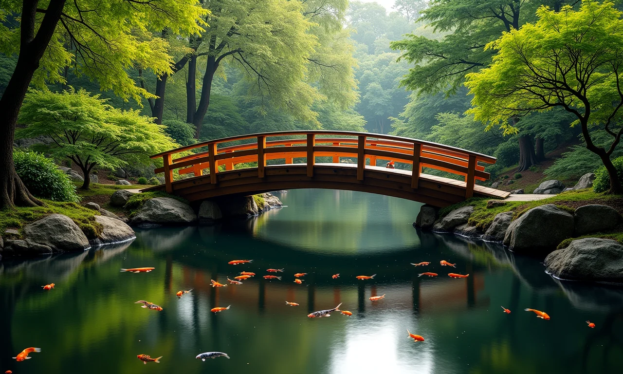 Ponte de madeira Hashi sobre um lago de carpas em um jardim japonês.