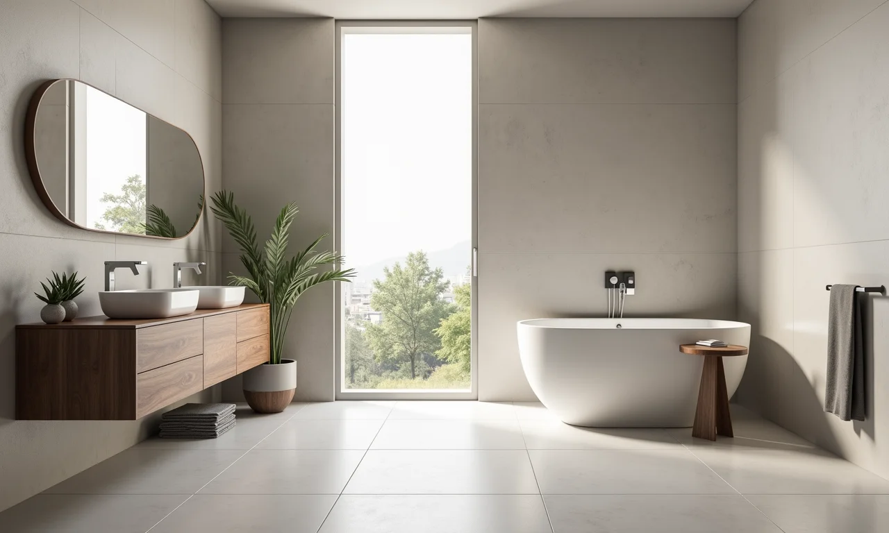 Porcelanato acetinado discreto e versátil em banheiro.