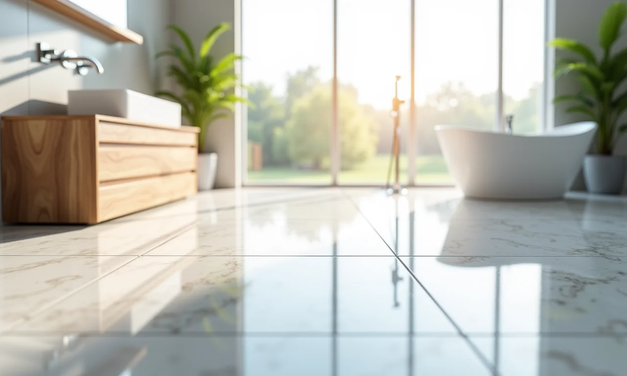 Porcelanato polido com brilho intenso em banheiro moderno.