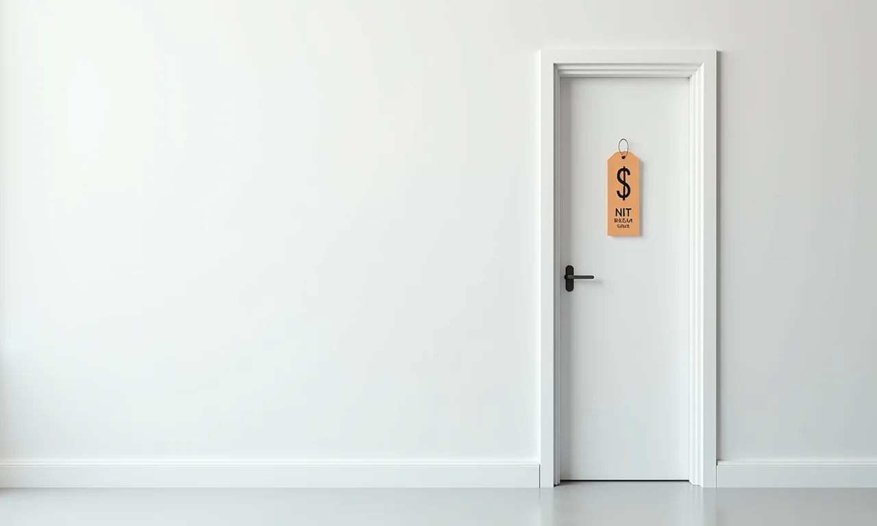 Porta de alumínio branca com etiqueta de preço, ótimo custo-benefício.