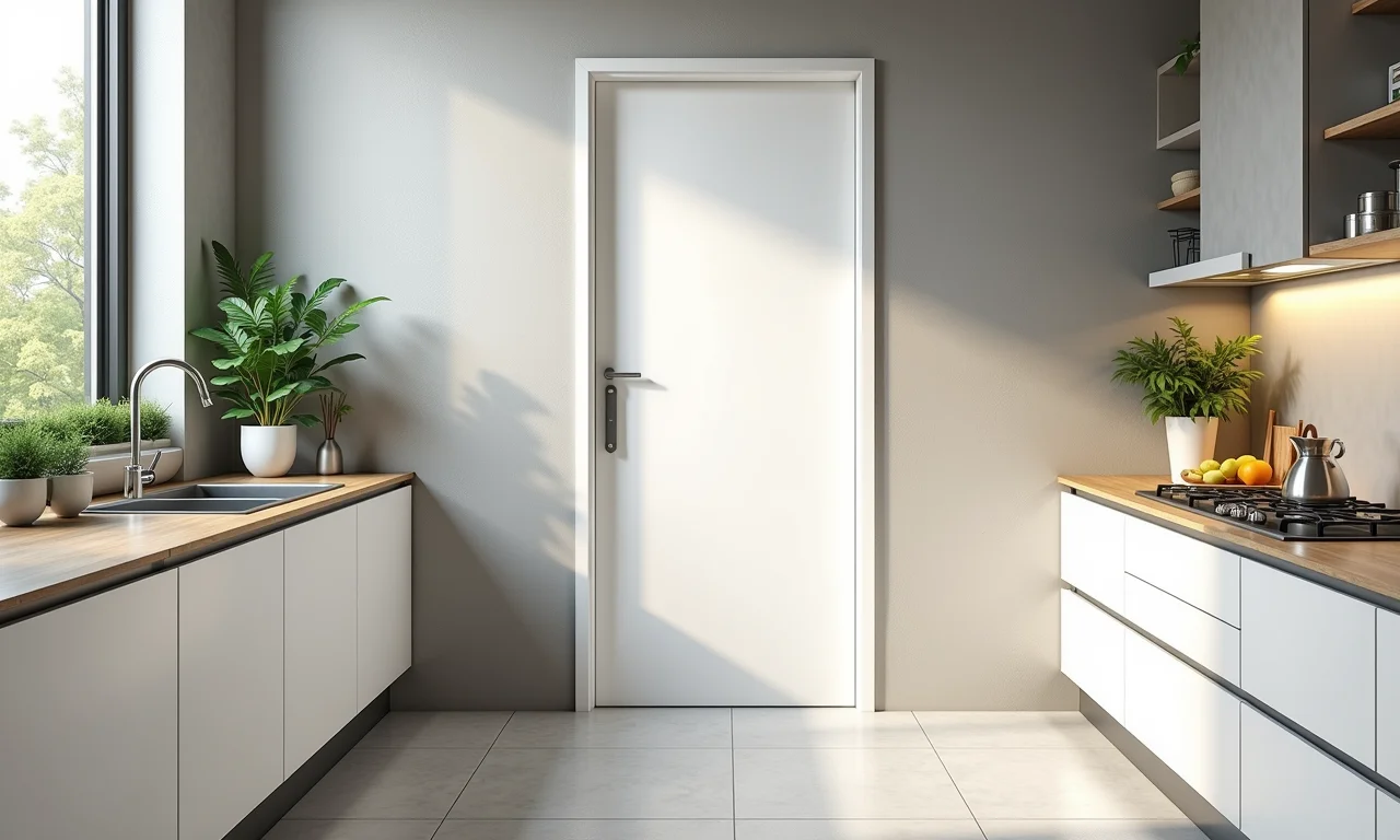 Porta de alumínio branca em cozinha sustentável, design ecológico.