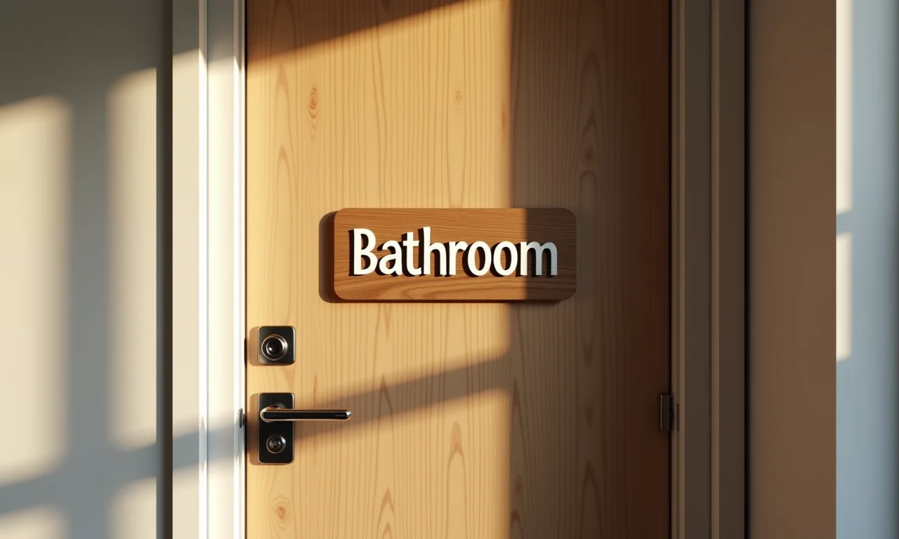 Porta de banheiro com placa de madeira em estilo rústico e elegante.
