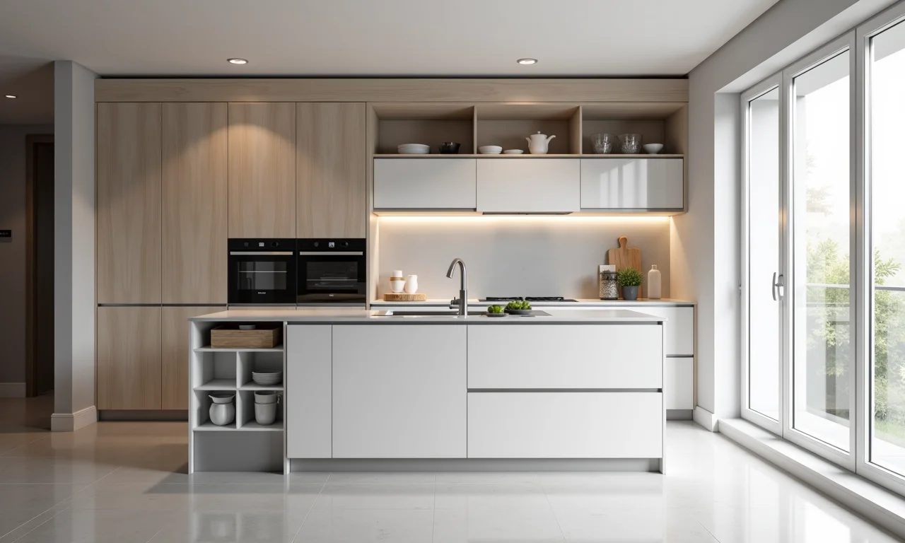 Porta de correr embutida em cozinha moderna.