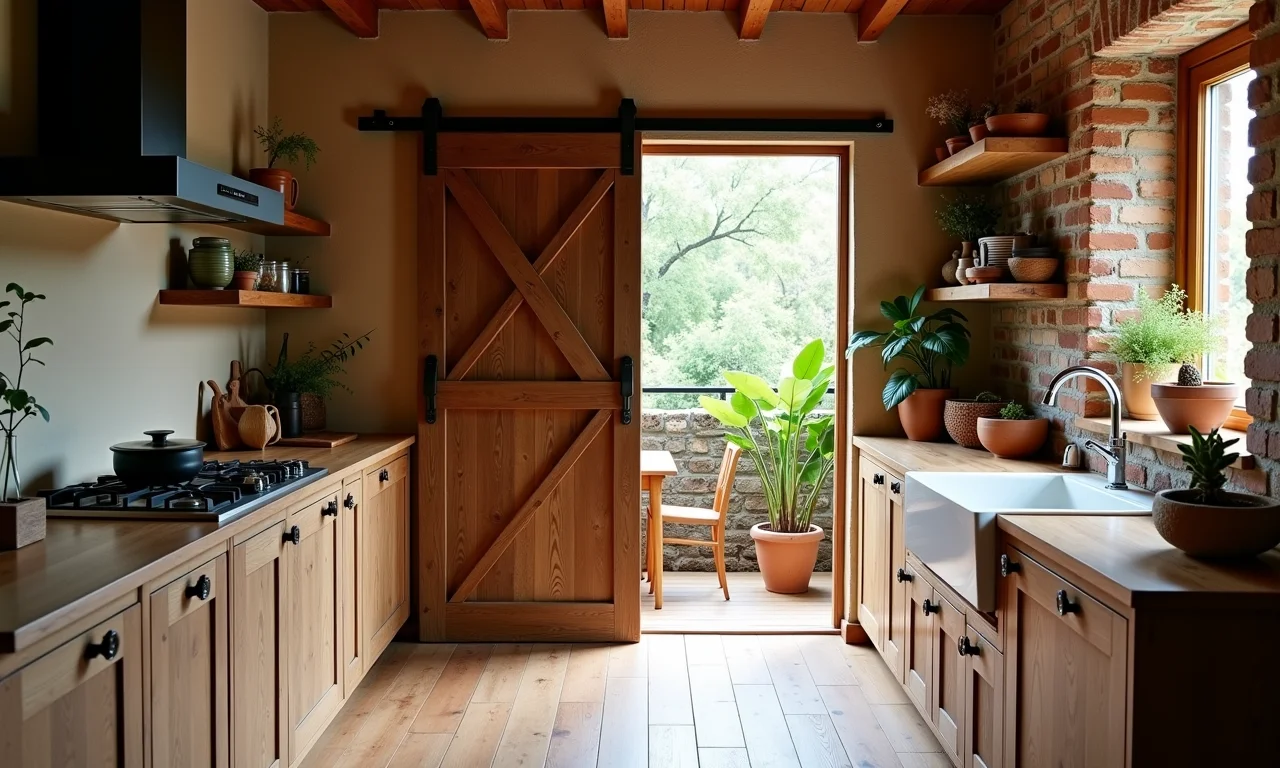 Porta de correr externa rústica em cozinha charmosa.