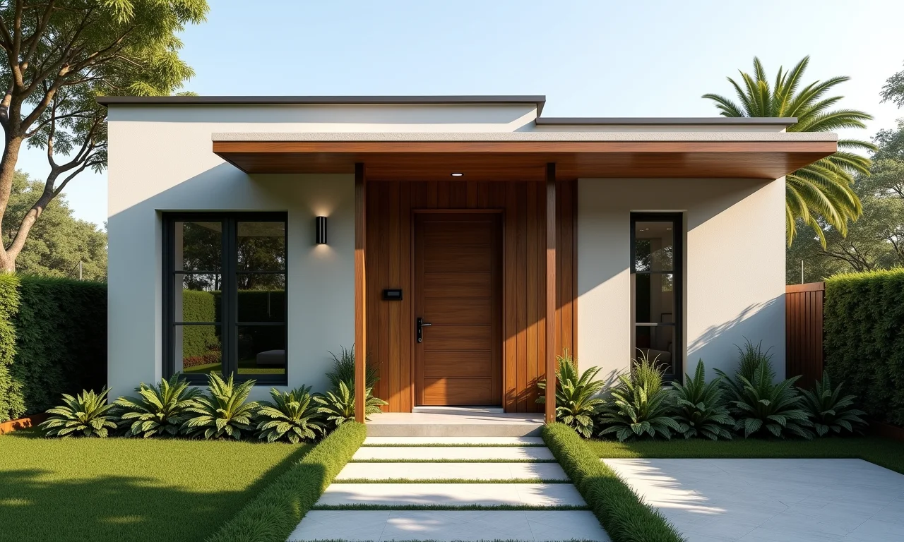 Porta de entrada imponente em casa térrea.