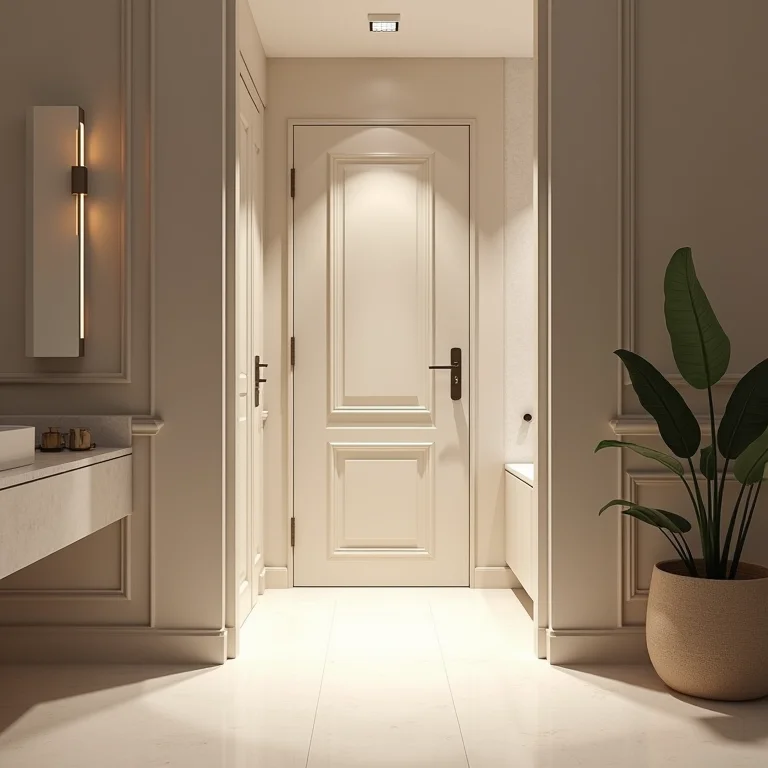 Porta larga de banheiro permitindo fácil acesso para cadeira de rodas