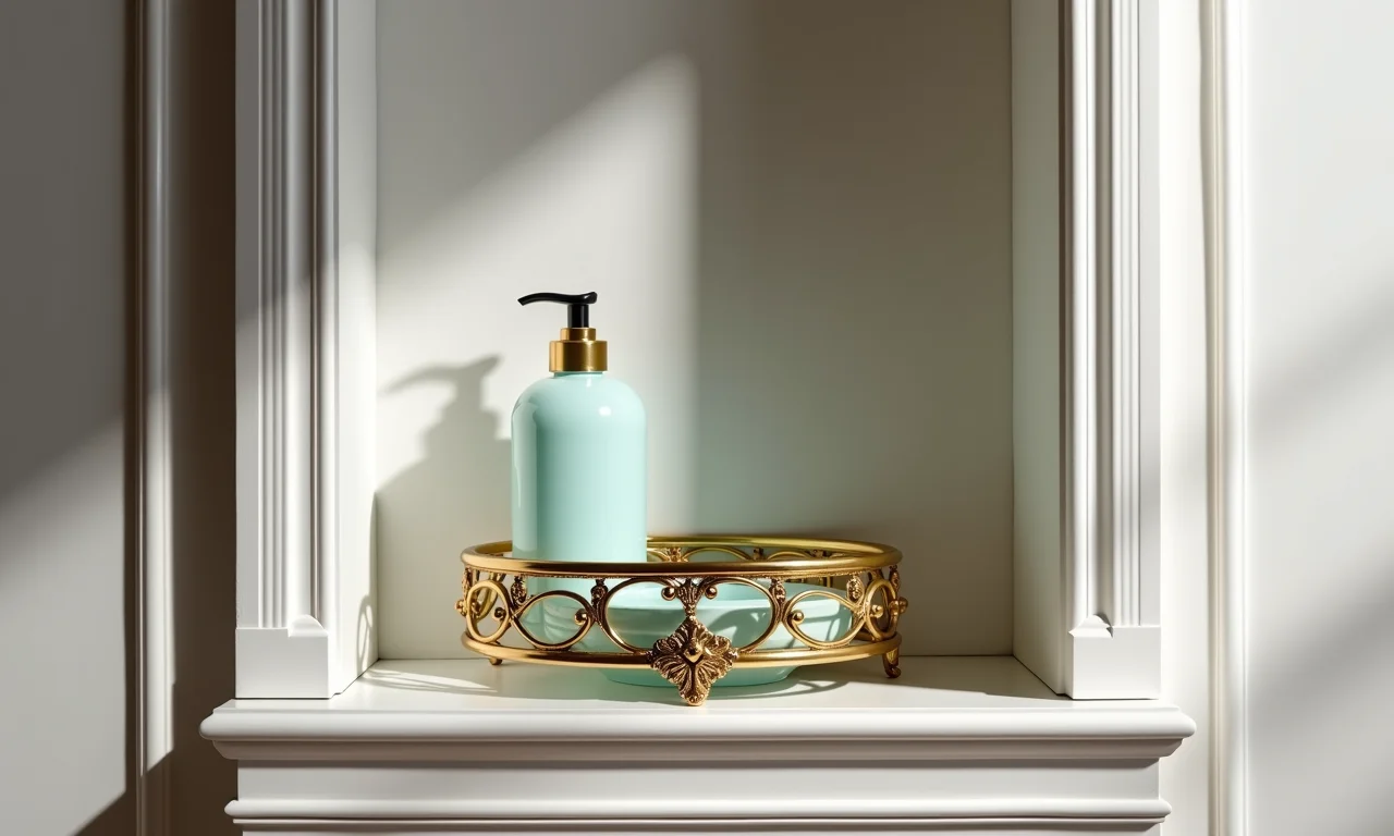 Porta shampoo de vidro com moldura dourada em nicho clássico.